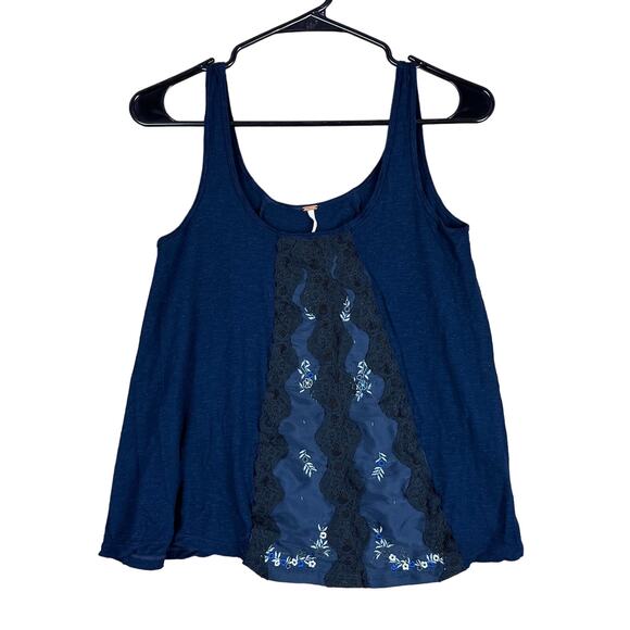 Free People Womens Blouse Blue Tank Lace Front Floral Linen Blend Stretch S - Picture 1 of 10